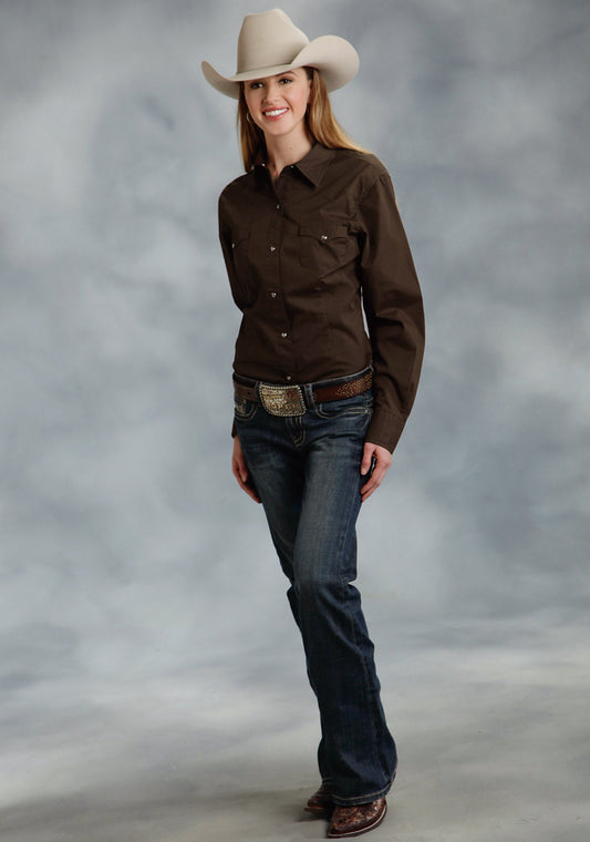 Roper Womens Brown Solid Long Sleeve Western Snap Shirt