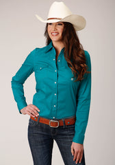 Roper Womens Long Sleeve Snap Solid Poplin Stretch Turquoise Western Shirt