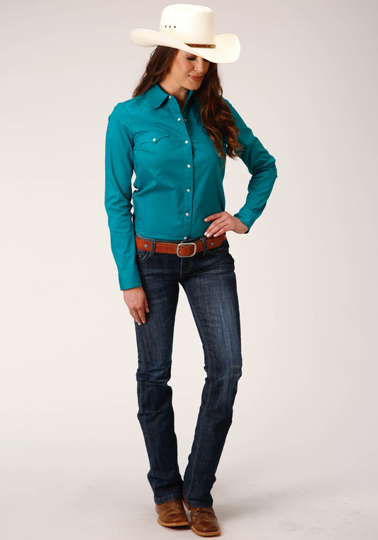 Roper Womens Long Sleeve Snap Solid Poplin Stretch Turquoise Western Shirt - Flyclothing LLC