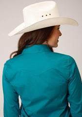 Roper Womens Long Sleeve Snap Solid Poplin Stretch Turquoise Western Shirt - Flyclothing LLC