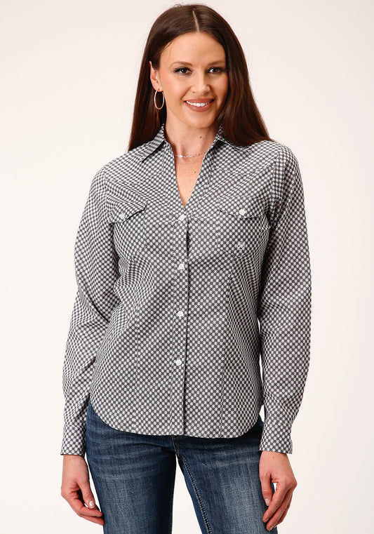 Roper Womens Long Sleeve Button Diamond Star Geo Grey Western Shirt