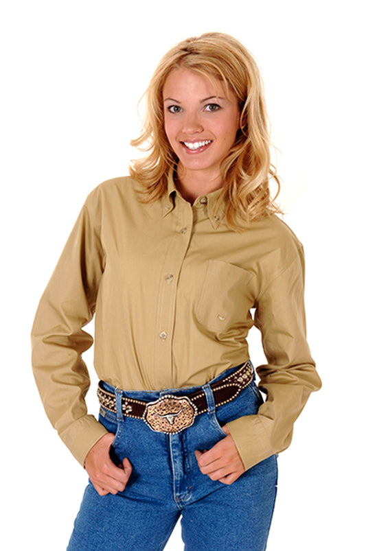 Roper Womens Solid Brown Poplin Long Sleeve Button Western Shirt