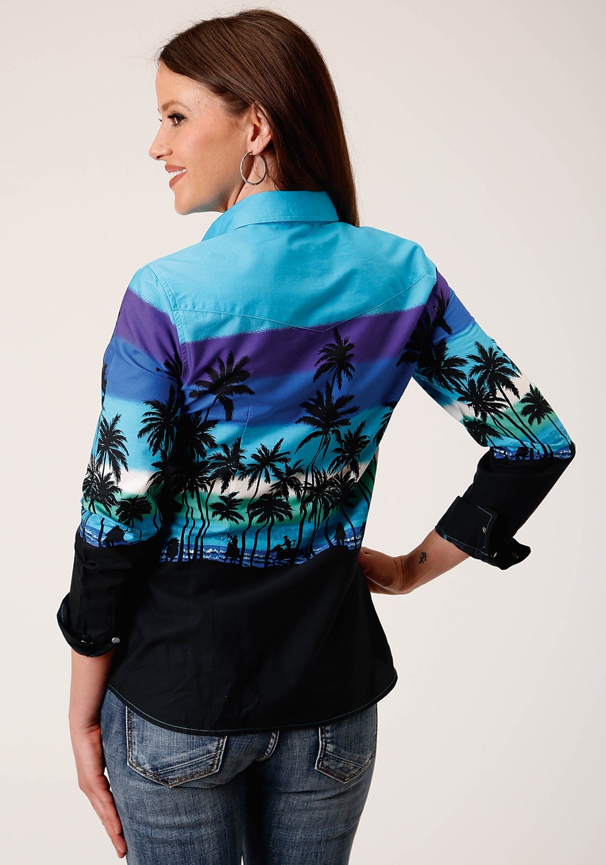 Roper Womens Long Sleeve Snap Beach Roundup Border Western Shirt - Flyclothing LLC