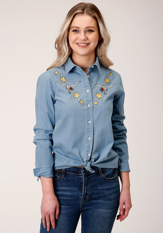 Roper Womens Long Sleeve Button Light Blue Cotton Denim Western Shirt - Roper