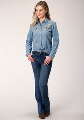 Roper Womens Long Sleeve Button Light Blue Cotton Denim Western Shirt - Roper