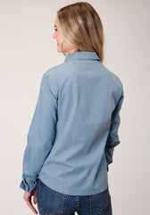 Roper Womens Long Sleeve Button Light Blue Cotton Denim Western Shirt - Flyclothing LLC