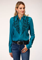 Roper Womens Long Sleeve Snap Rayon Challis Btn Dwn Shirt Western Shirt