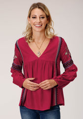 Roper Womens Long Sleeve Raspberry Solid Rayon Challis Blouse