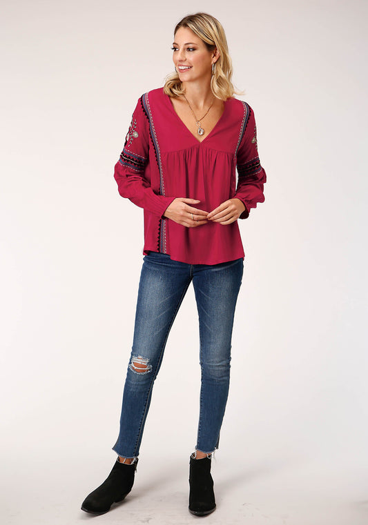 Roper Womens Long Sleeve Raspberry Solid Rayon Challis Blouse - Flyclothing LLC