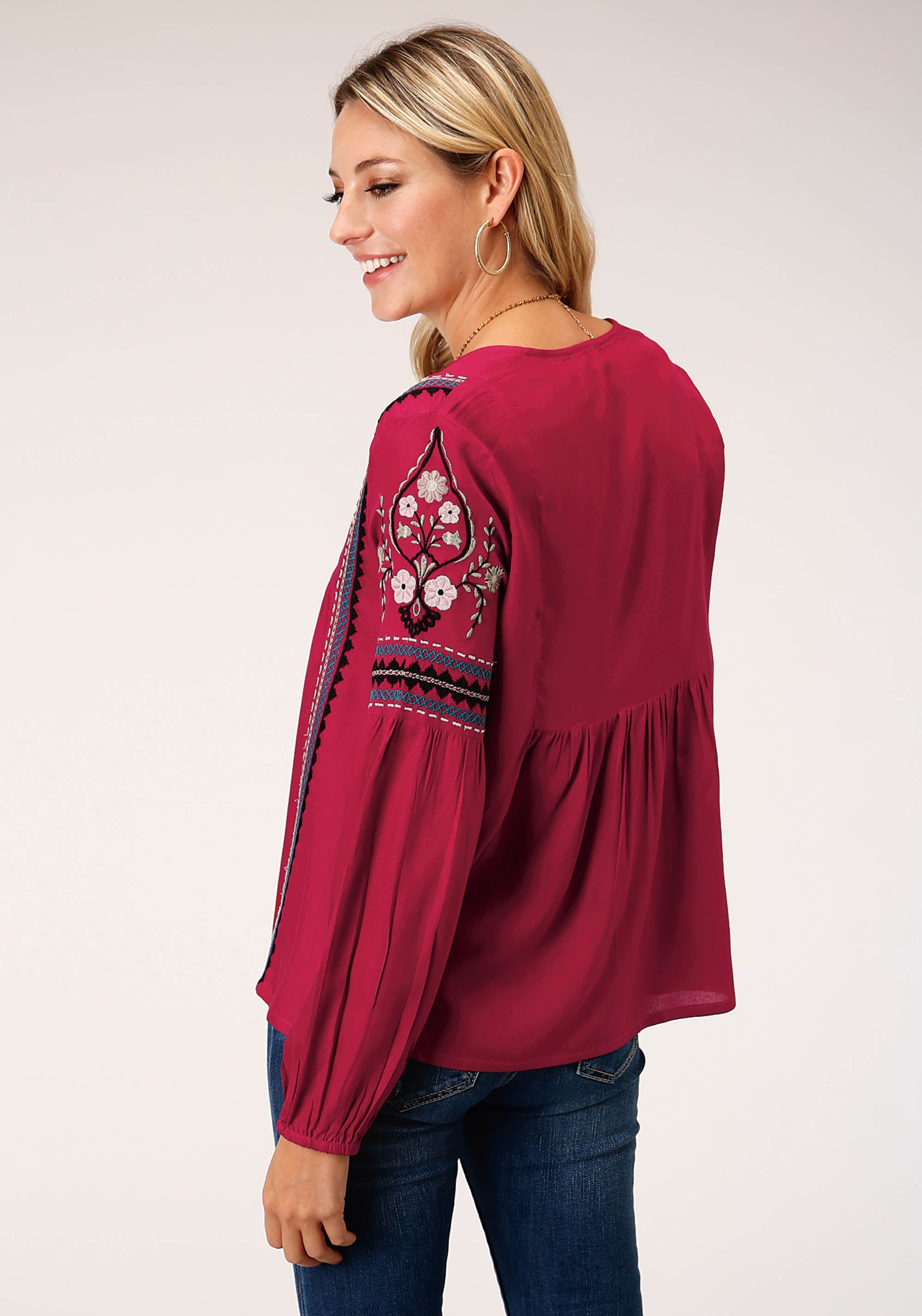 Roper Womens Long Sleeve Raspberry Solid Rayon Challis Blouse - Flyclothing LLC