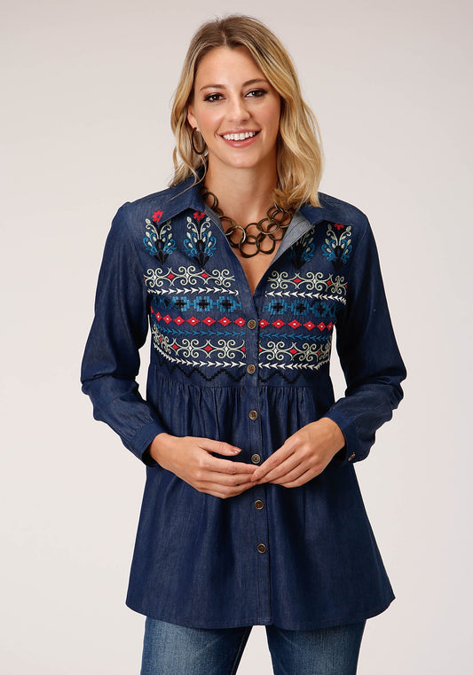 Roper Womens Long Sleeve Indigo Denim Tunic Blouse