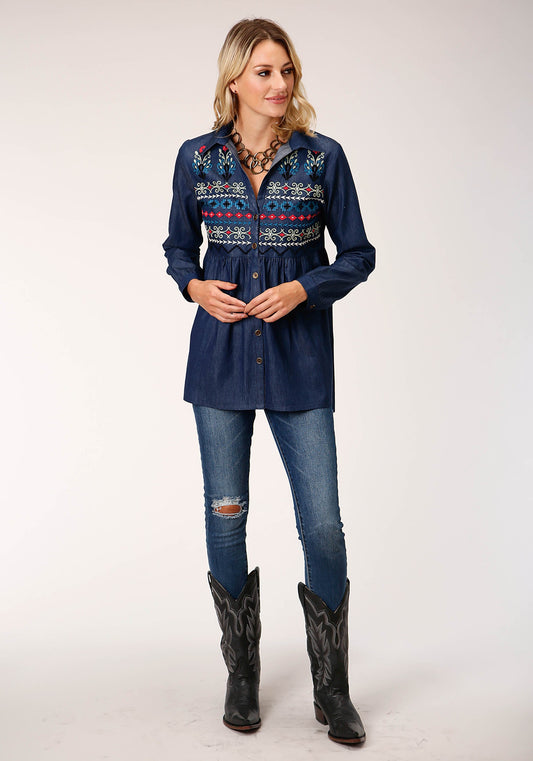 Roper Womens Long Sleeve Indigo Denim Tunic Blouse - Flyclothing LLC