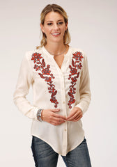 Roper Womens Long Sleeve Cream Solid Rayon Challis Blouse - Flyclothing LLC