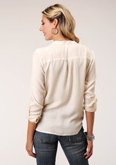 Roper Womens Long Sleeve Cream Solid Rayon Challis Blouse - Flyclothing LLC