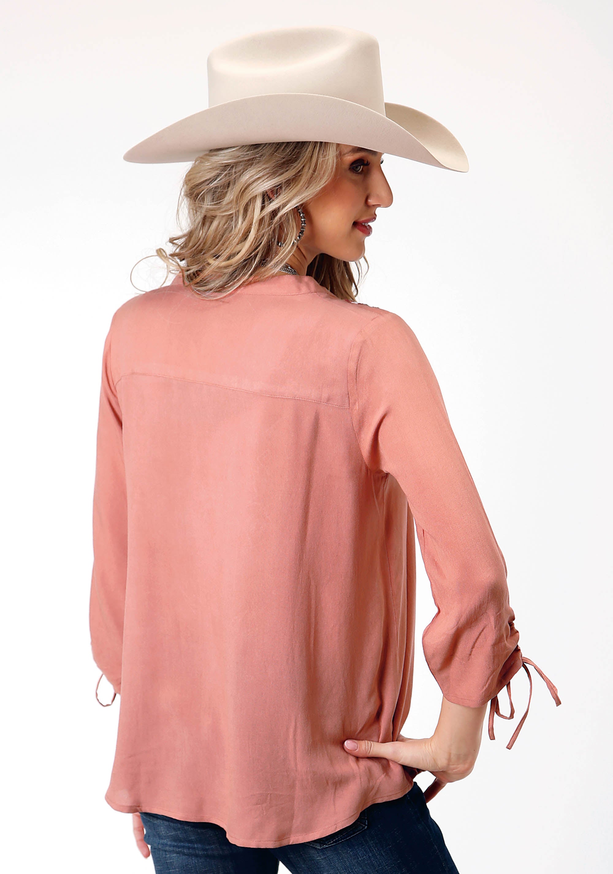 Roper Womens Long Sleeve Dk Coral Solid Rayon Peasant Blouse - Flyclothing LLC