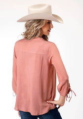 Roper Womens Long Sleeve Dk Coral Solid Rayon Peasant Blouse - Flyclothing LLC