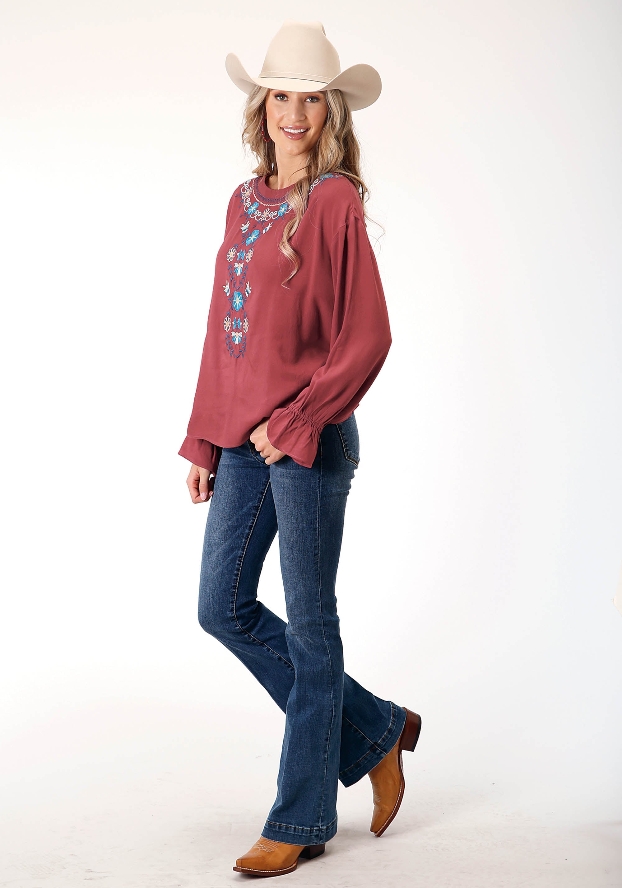 Roper Womens Long Sleeve Barn Red Solid Rayon Blouse - Flyclothing LLC