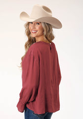 Roper Womens Long Sleeve Barn Red Solid Rayon Blouse - Flyclothing LLC