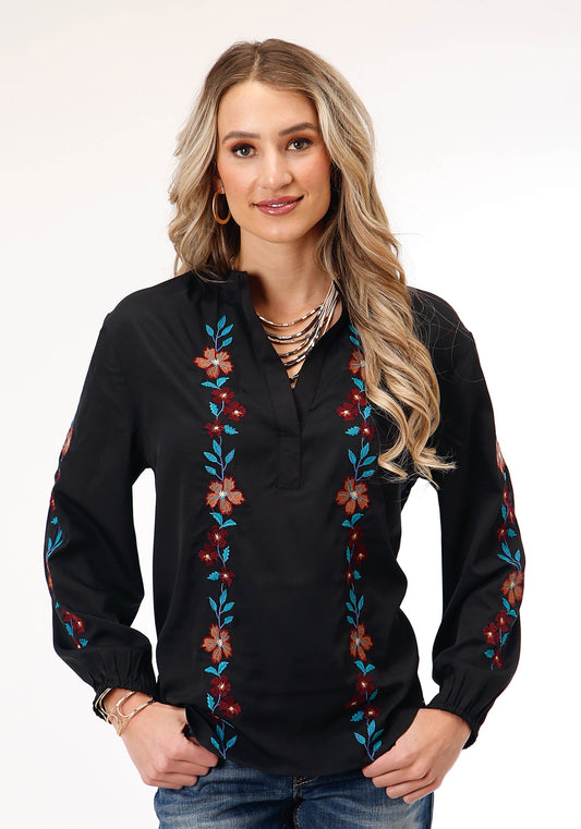 Roper Womens Long Sleeve Black Poly Vneck Peasant Blouse