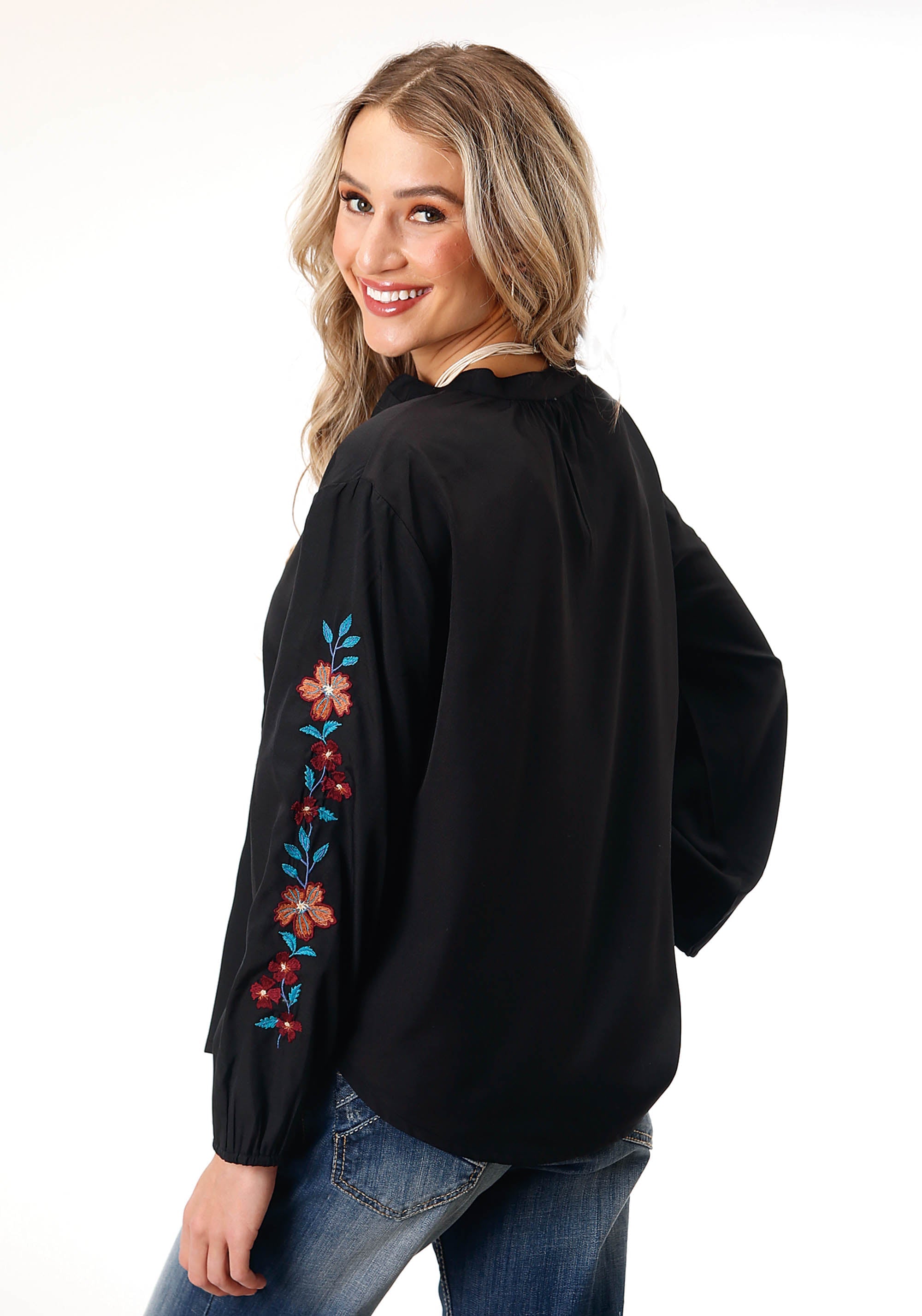 Roper Womens Long Sleeve Black Poly Vneck Peasant Blouse - Flyclothing LLC