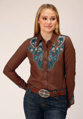 Roper Womens Long Sleeve Snap Solid Brown Rayon Shirt Western Shirt - Roper