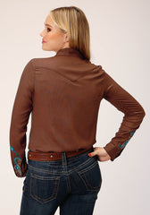 Roper Womens Long Sleeve Snap Solid Brown Rayon Shirt Western Shirt - Flyclothing LLC