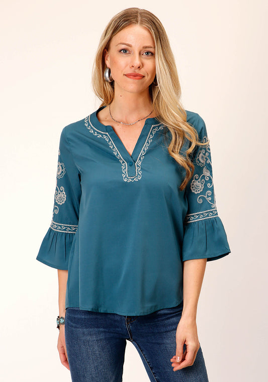 Roper Womens Long Sleeve Solid Teal Poly Peasant Blouse