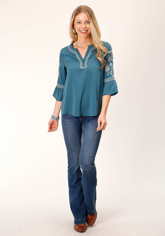 Roper Womens Long Sleeve Solid Teal Poly Peasant Blouse - Flyclothing LLC