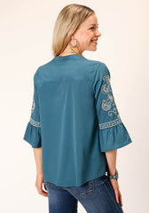 Roper Womens Long Sleeve Solid Teal Poly Peasant Blouse - Flyclothing LLC