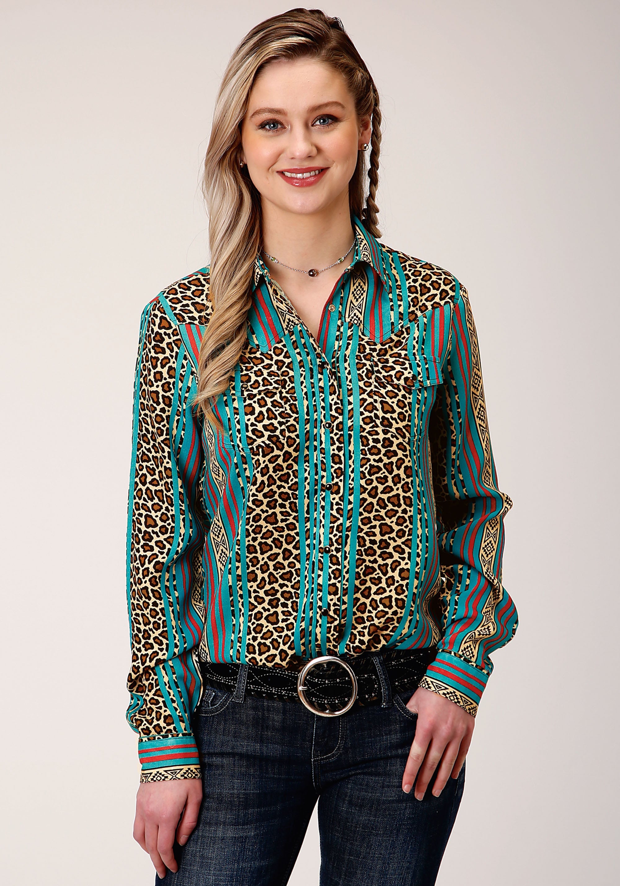 Roper Womens Long Sleeve Snap Leopard Stripe Print Rayon Western Shirt