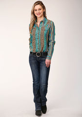 Roper Womens Long Sleeve Snap Leopard Stripe Print Rayon Western Shirt - Flyclothing LLC