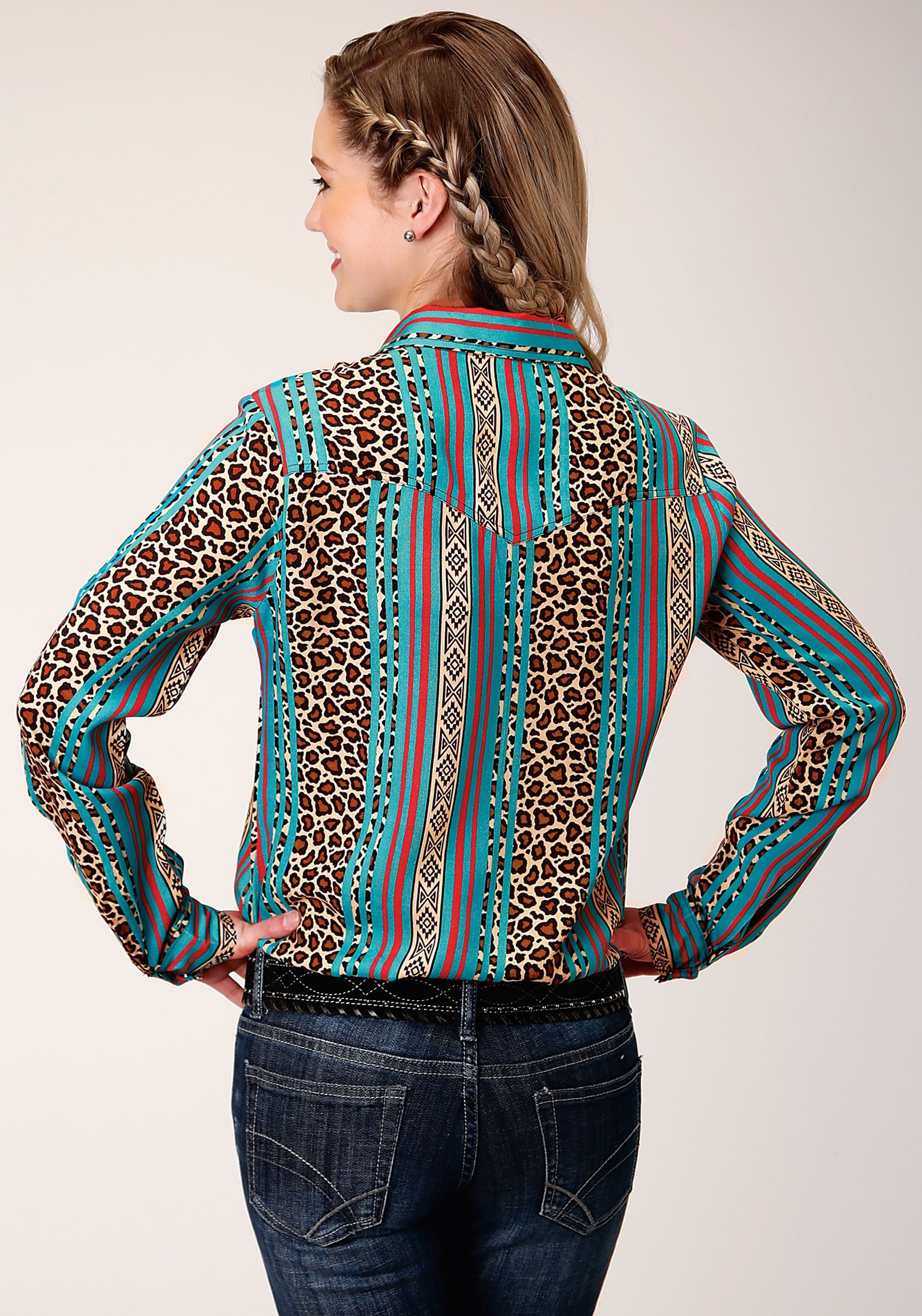 Roper Womens Long Sleeve Snap Leopard Stripe Print Rayon Western Shirt - Flyclothing LLC