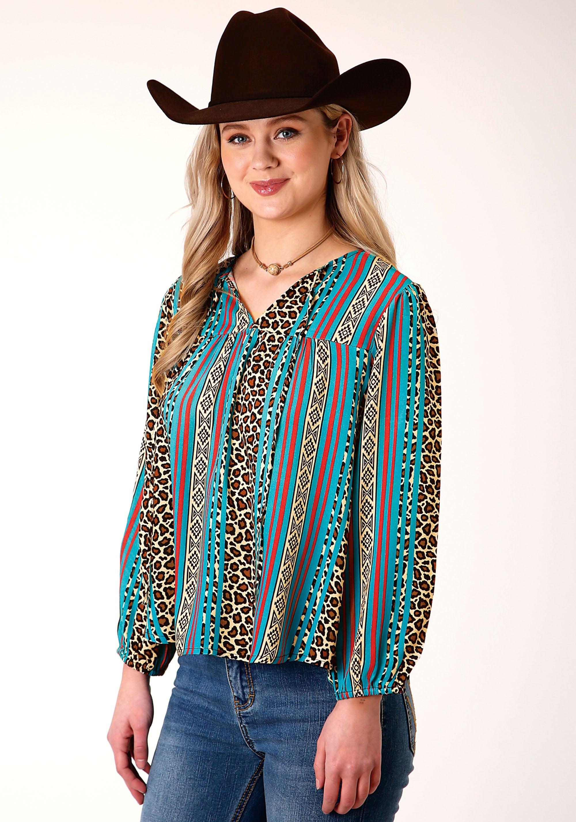 Roper Womens Long Sleeve Leopard Stripe Print Rayon Blouse - Roper