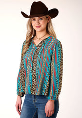 Roper Womens Long Sleeve Leopard Stripe Print Rayon Blouse