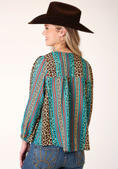 Roper Womens Long Sleeve Leopard Stripe Print Rayon Blouse - Flyclothing LLC