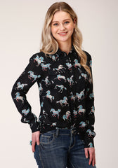 Roper Womens Long Sleeve Snap Wild Horse Print Rayon Long Sleeve  Western Shirt - Roper