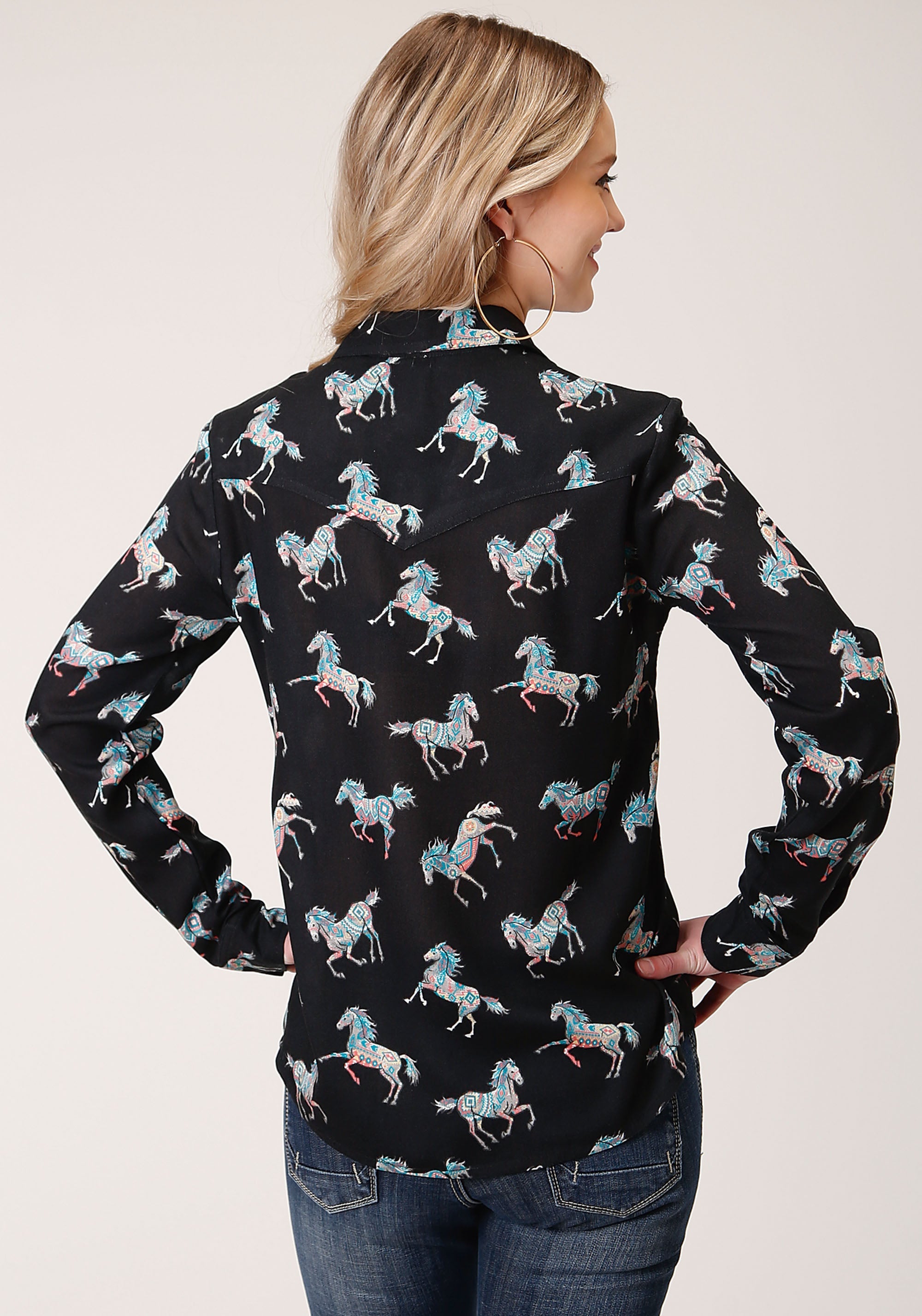 Roper Womens Long Sleeve Snap Wild Horse Print Rayon Long Sleeve  Western Shirt - Roper