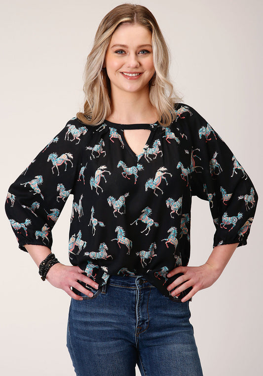 Roper Womens Long Sleeve Wild Horse Print Rayon Long Sleeve Blouse