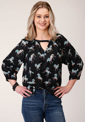 Roper Womens Long Sleeve Wild Horse Print Rayon Long Sleeve Blouse - Roper