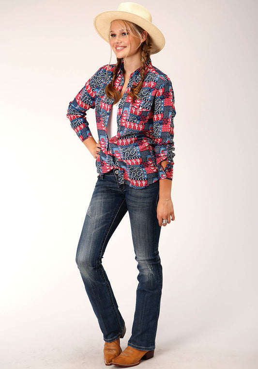 Roper Womens Long Sleeve Snap Bandana Print Rayon Western Western Shirt - Roper