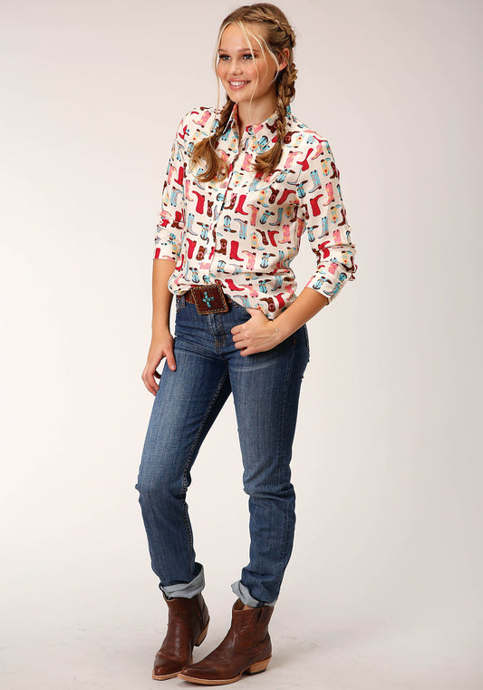 Roper Womens Long Sleeve Snap Boot Printed Rayon Western Western Shirt - Flyclothing LLC