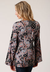 Roper Womens Long Sleeve Boho Paisley Print Poly Crepe Blouse - Flyclothing LLC