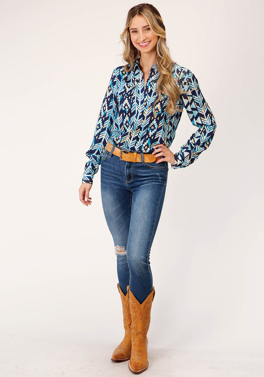 Roper Womens Long Sleeve Snap Modern Aztec Print Western Western Shirt - Flyclothing LLC