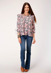 Roper Womens Long Sleeve Pink Paisley Print Vneck Top Blouse - Flyclothing LLC