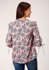 Roper Womens Long Sleeve Pink Paisley Print Vneck Top Blouse - Flyclothing LLC