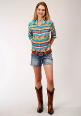 Roper Womens Blue Yellow And Red Serape Print Long Sleeve Western Shirt