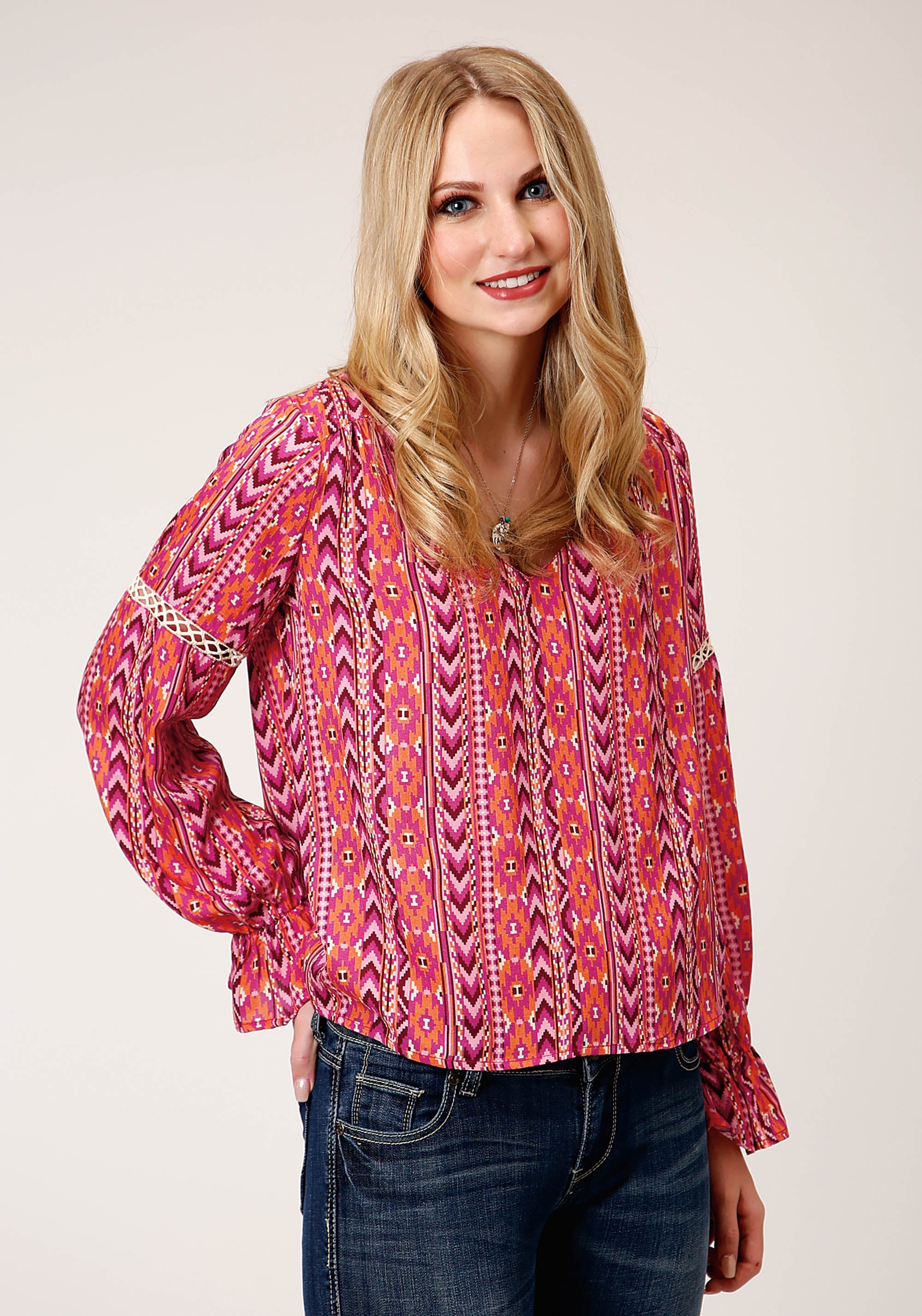 Roper Womens Long Sleeve Aztec Print Rayon Peasant Blouse - Roper