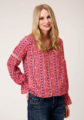 Roper Womens Long Sleeve Aztec Print Rayon Peasant Blouse