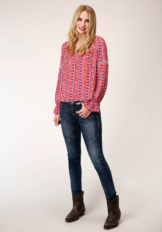 Roper Womens Long Sleeve Aztec Print Rayon Peasant Blouse - Flyclothing LLC