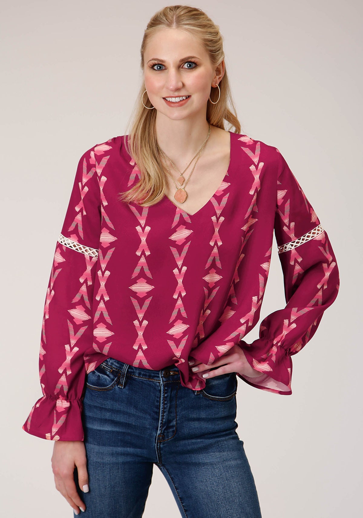 Roper Womens Long Sleeve Wine Aztec Print Peasan Blouse